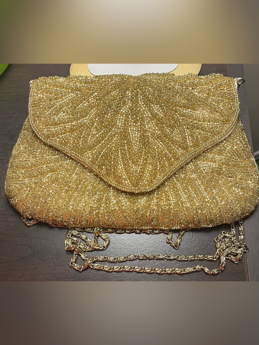 La Regale Gold Beaded Evening Clutch with Chain Strap Good vintage condition